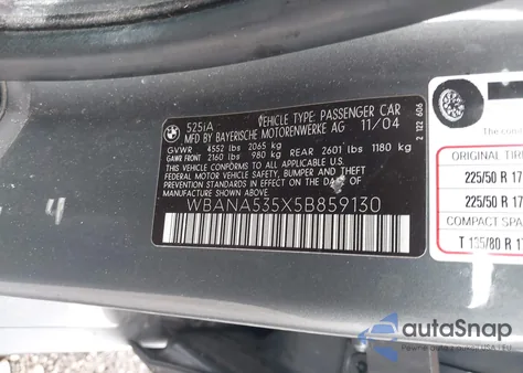 2005 BMW 525I from USA, damaged, VIN WBANA535X5B859130